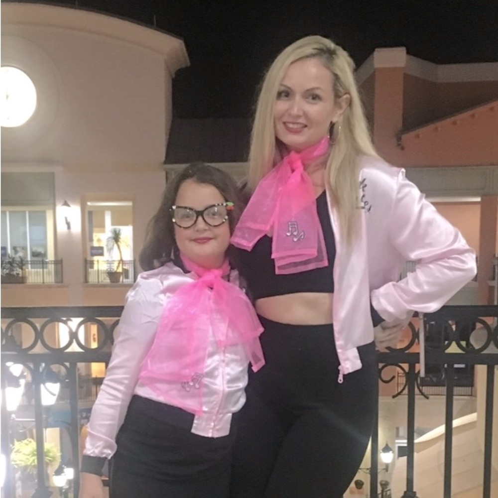 Pink ladies Costume - 2 Jackets (small & medium) & 2 Scarves (same size)